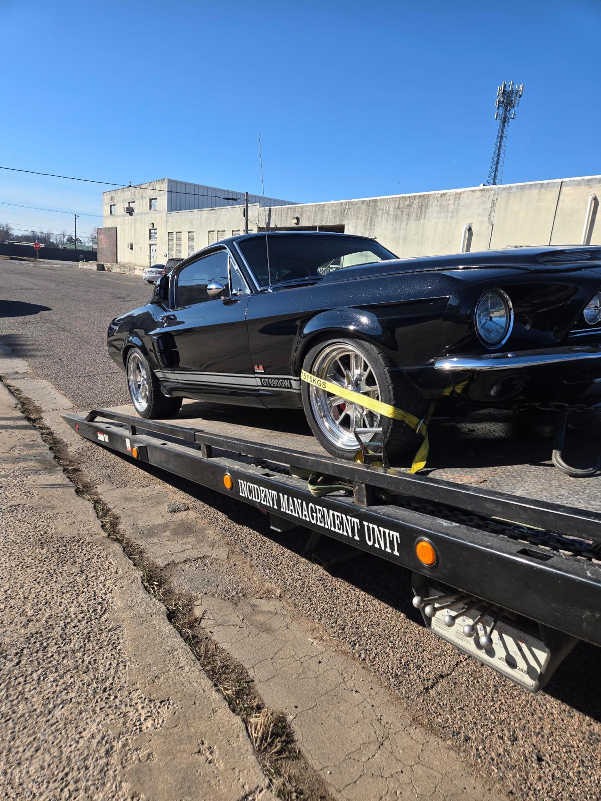 Classic black Shelby GT500 strapped to a Brown & Sons flatbed for careful transport
